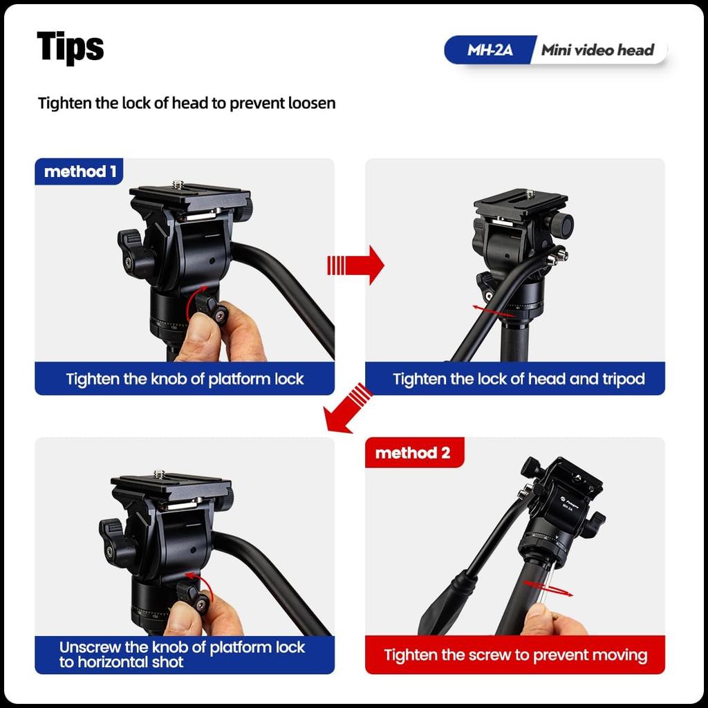 Fotopro Video Tripod Head with Quick Release Plate and Adjustable Maximum Load Capacity of for Compact Camcorders and Digital SLR Black MH-2A Pan-Tilt