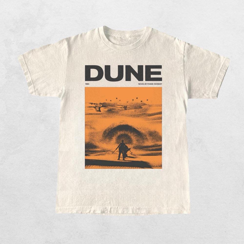 White Orange Desert Sandworm Silhouette Graphic Tee Big Bold Scifi Novel Header Chest Oversized Street Tops