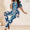 Women Plus Size Off White Printed Round Neck Short Sleeve Longline Top Fitted Pants Two Piece Set
