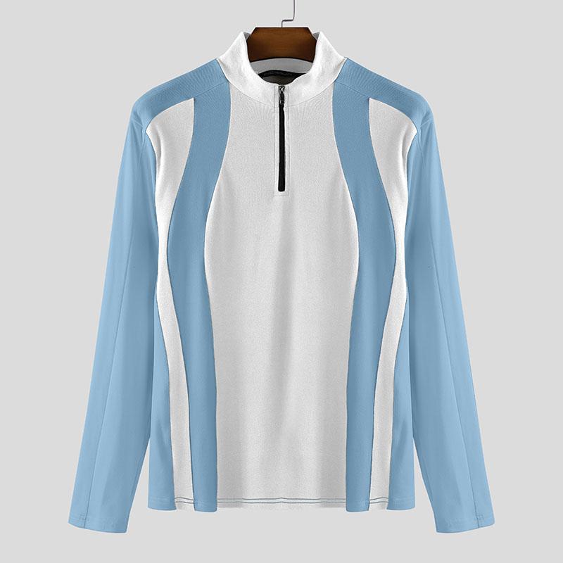 INCERUN Men Mockneck Long Sleeve Patchwork Zipper Casual Fitted Pullover Tops