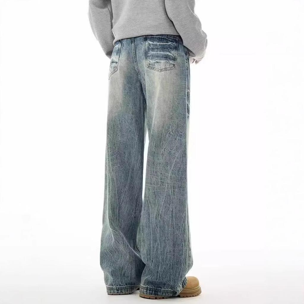 European and American hiphop fried street American washed old jeans niche design loose wide-leg pants mopping pants tide