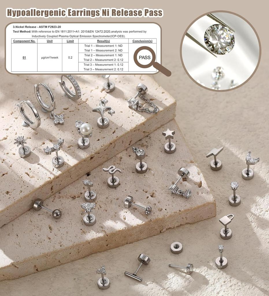 Bobisty 1pc Earrings for Sensitive Ears Surgical Stainless Steel Earrings for Women Dainty Flat Back Earring Stud Hoop Cartilage