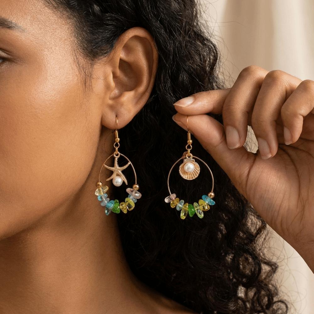 Y2K Colorful Shell Hoop Earrings Bead Ocean Style Starfish Dangle Earrings Vintage Gold Tassel Drop Earrings Party