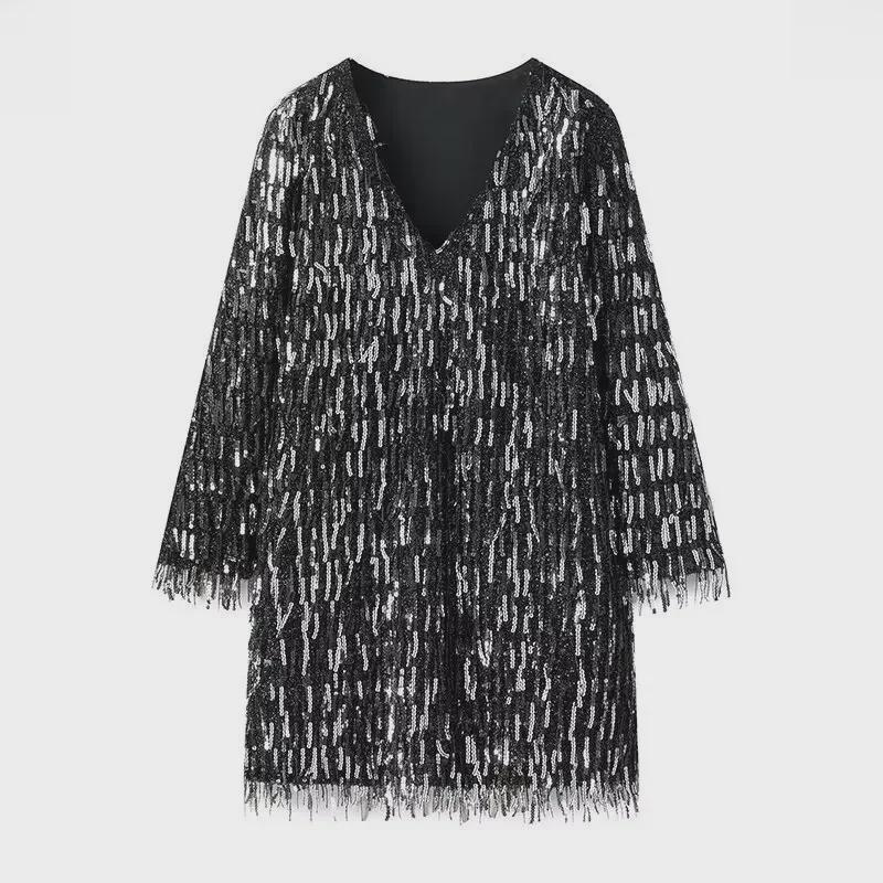 Зимнее европейское и американское женское уличное платье с V-образным вырезом и кисточками S