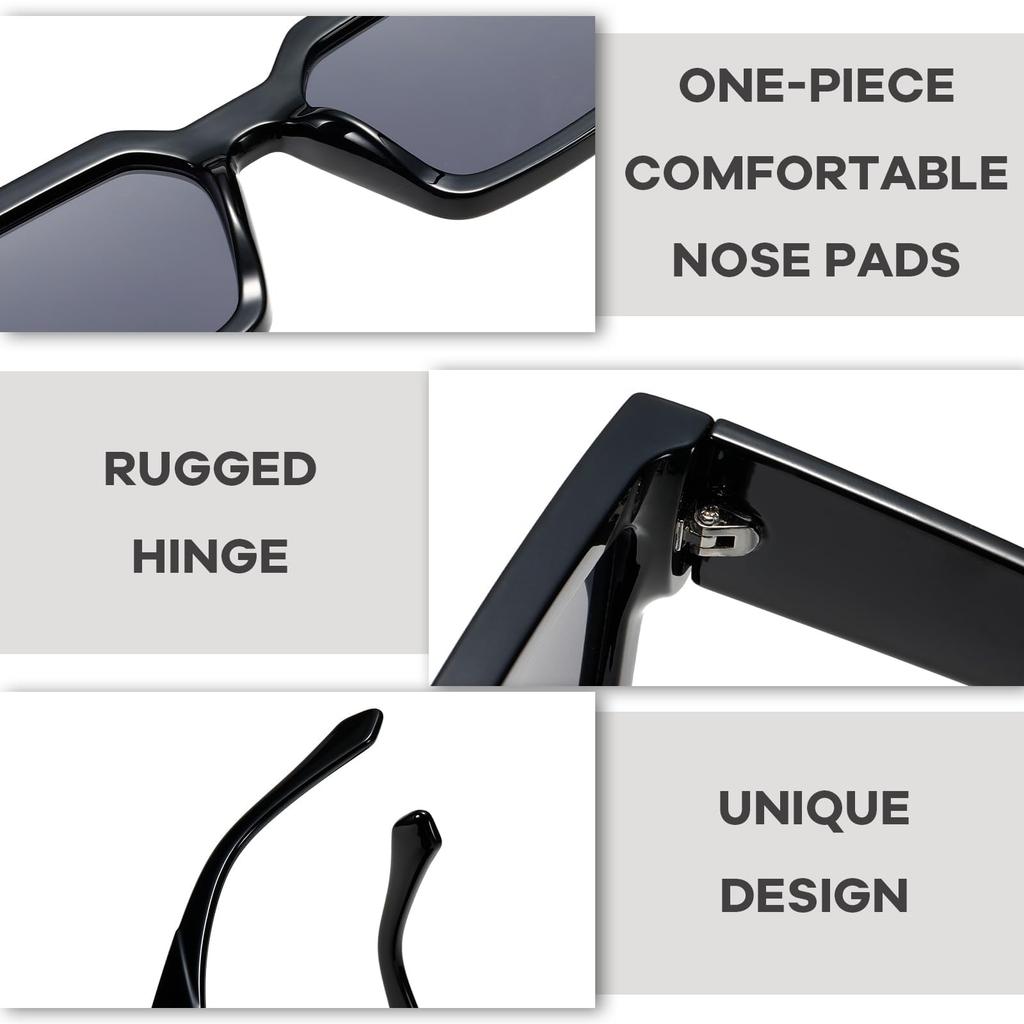 Retro Thick Rectangular Sunglasses for Men and Narrow Square Black Tie 90s Style [SHEEN KELLY] Women, Frame,