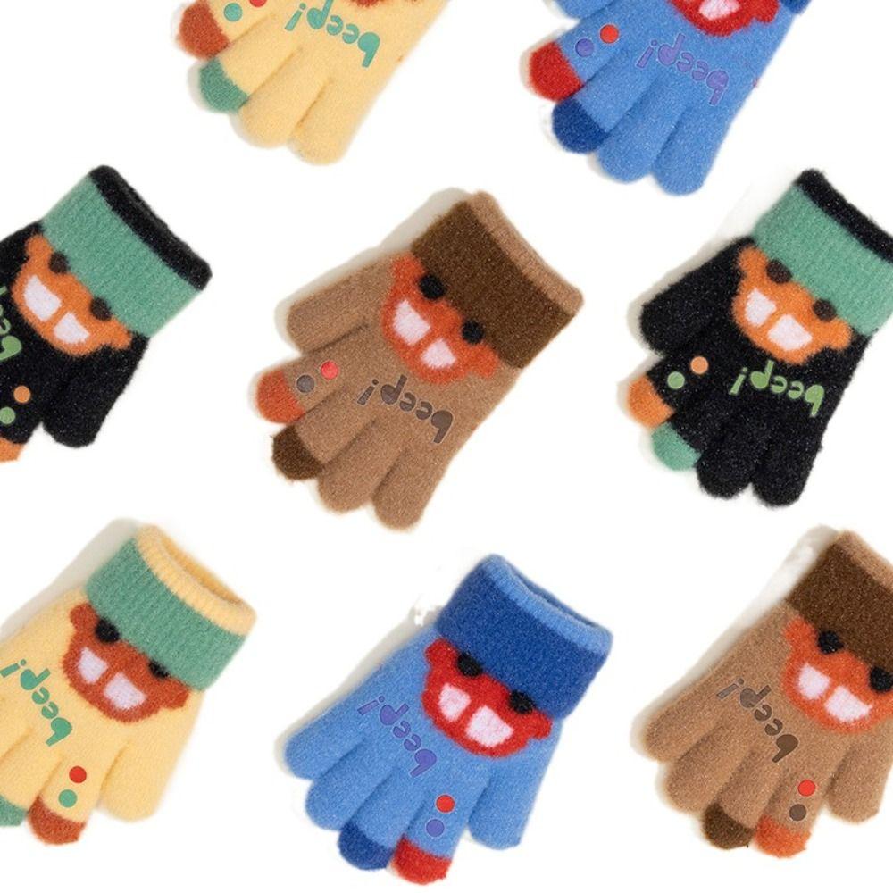 Warm Plush Five-finger Gloves Elastic Kids Gloves Cartoon Car Winter Knitted Gloves  Autumn Winter