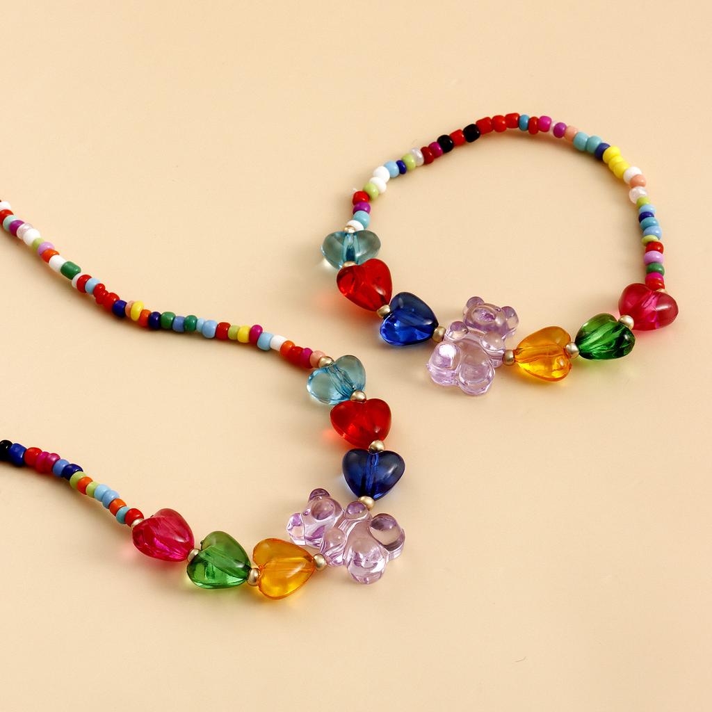 Accessories, Bohemian Mixed Color Rice Beads Colorful Love Bear Necklace Bracelet Set Cartoon Girl