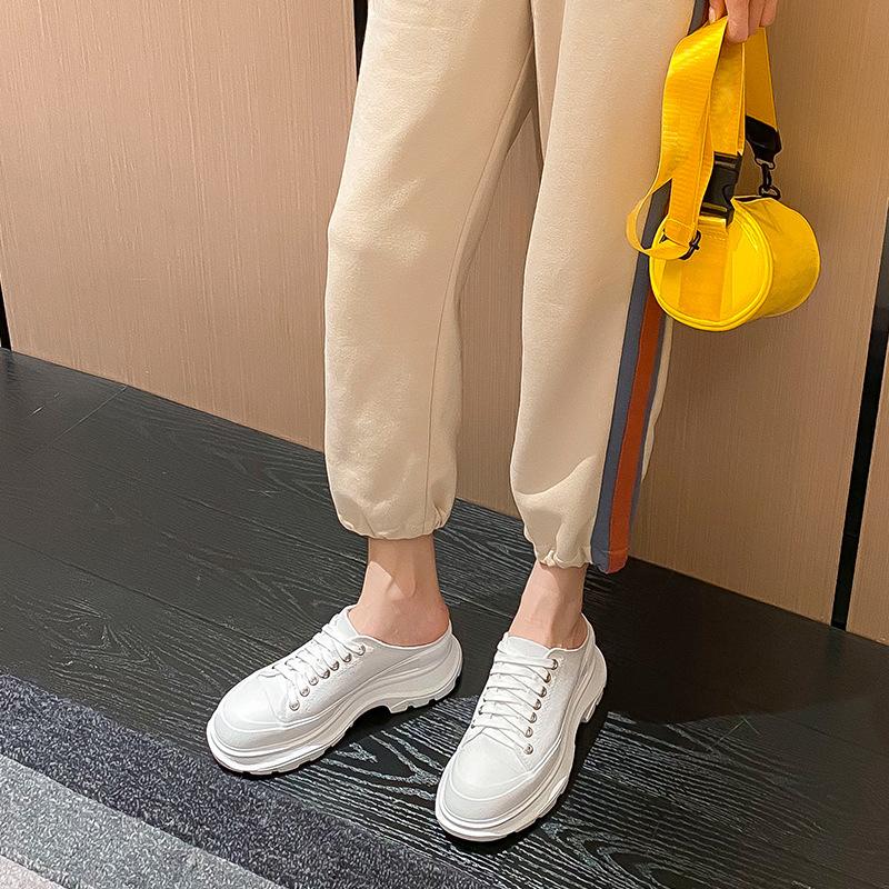 Sheepskin Version~ Spring and Summer Baotou Half Slippers Women Wear Thick Soles Inside Heightening Canvas Shoes Internet Celebrity Explosion White