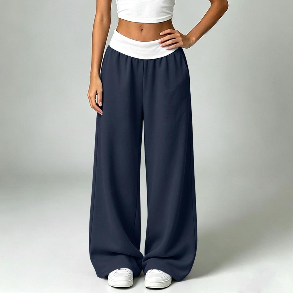 Women's Casual Color Block High Waist Loose Wide Leg Sweatpants