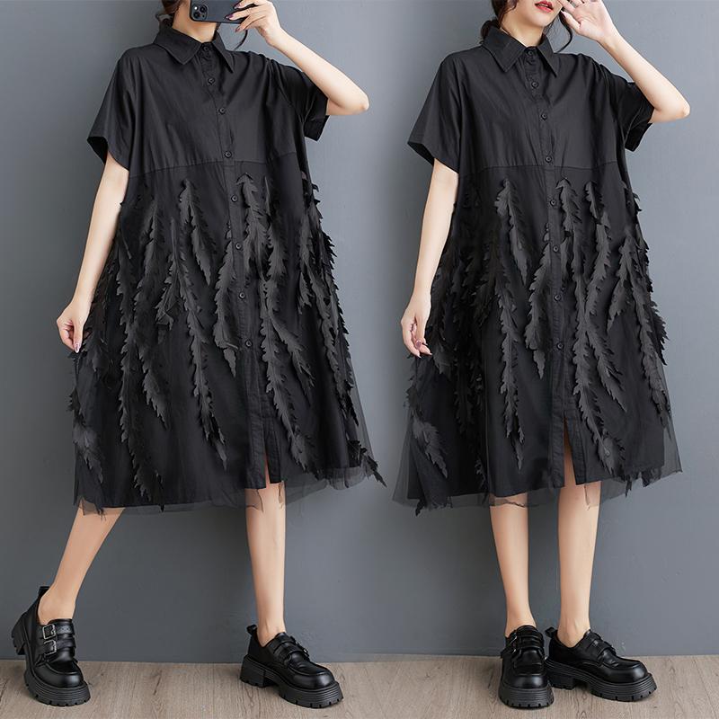 DIMANAF 2025 Summer Plus Size Dress Women Dress Loose New Vintage Casual Basic Lace Spliced Shirt Dress