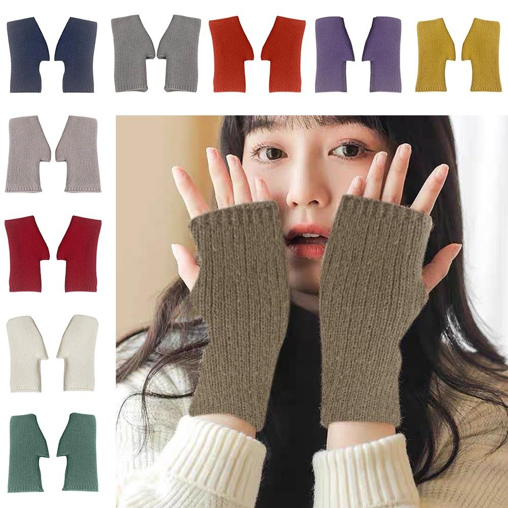 Wool Blend Half Mittens Exposed Finger Hand Protector Cashmere Gloves Windproof Cold Proof Thick Fingerless Gloves Autumn Winter