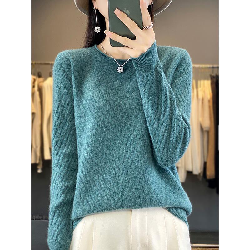 Women's Round Neck Solid Jacquard Wool Pullover Sweater - Autumn/Winter Casual Knitted Top