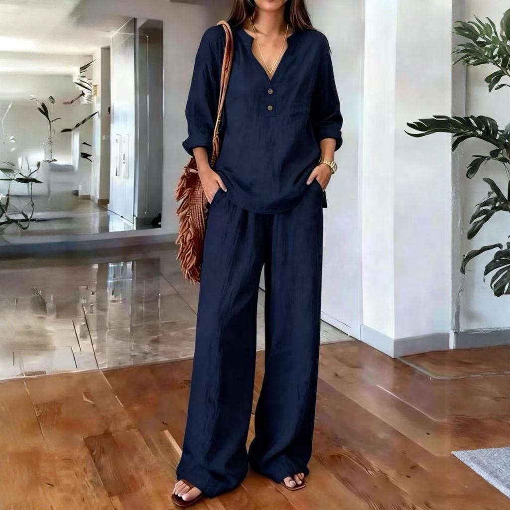 Women's Two-Piece -color Cotton And Linen Long-sleeved V-neck Top Straight-leg Casual Trousers Set