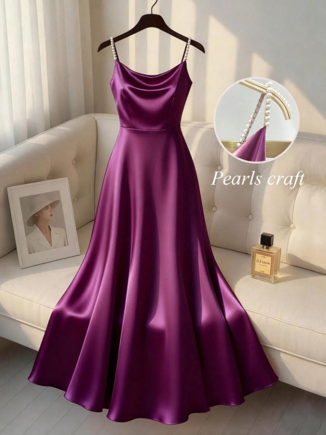 2026 Europäisches und Amerikanisches einfarbiges Temperamentkleid Träger handgefertigt Perlen Taille Satin vergoldetes Kleid