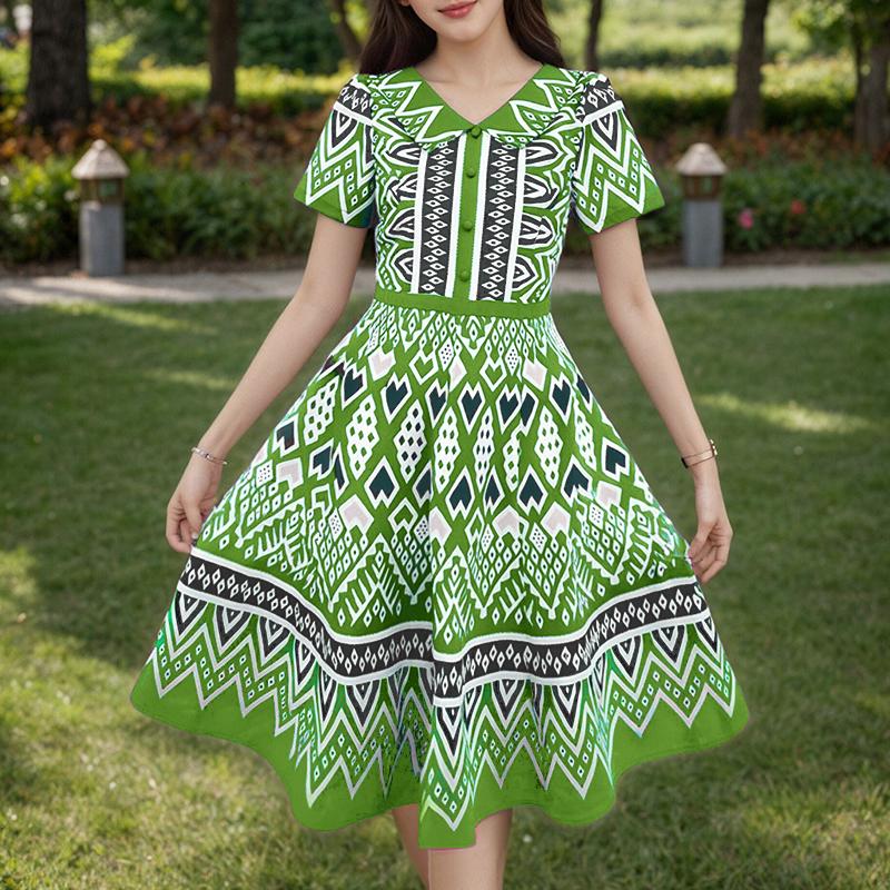 

ZANZEA Женское повседневное летнее платье с коротким рукавом и кукольным воротником в стиле ретро с принтом 5XL зелёный