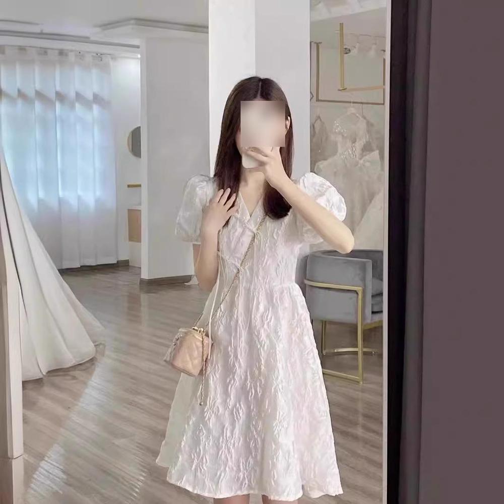 White Collar Bubble Sleeve Dress Women's Summer Fashion Casual Design Skinny Small Skirt