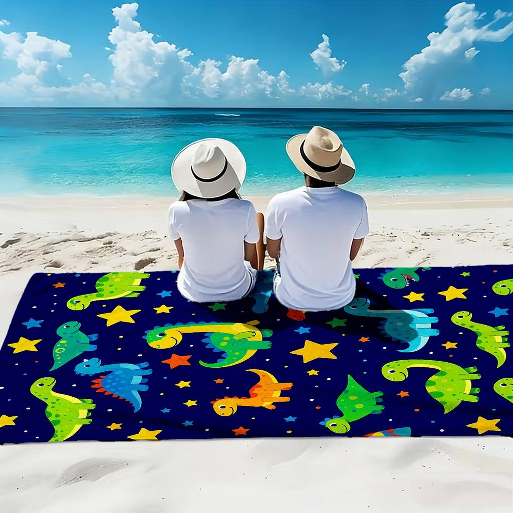 Cartoon Dinosaur Style Oversized Soft Beach Towel Colorful Dinosaur and Star Print Pattern Microfiber Bath Towel Quick-Drying