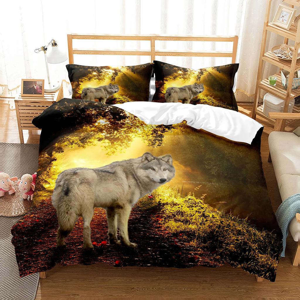 Boys Wolf Duvet Cover Set Queen Size, Boho Wolf Wildlife Forest King Animal Bedding Set Polyester Quilt Cover With Pillowcase