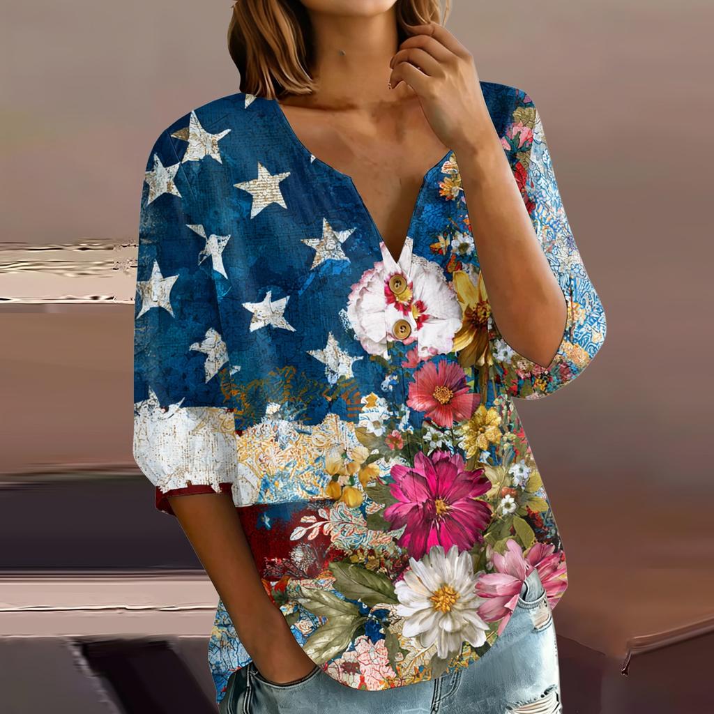 Women's Casual Button Henley Neck Shirt Three Quarter Sleeve Lightweight Breathable Cotton Linen Blouse Loose Fit Printed Top