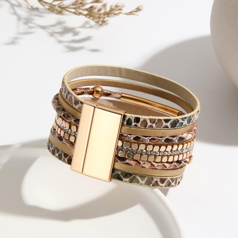 Womens Snake Skin PU Leather Braided Bracelet With Magnetic Clasp Beaded Adjustable Wristband Fashion Accessory