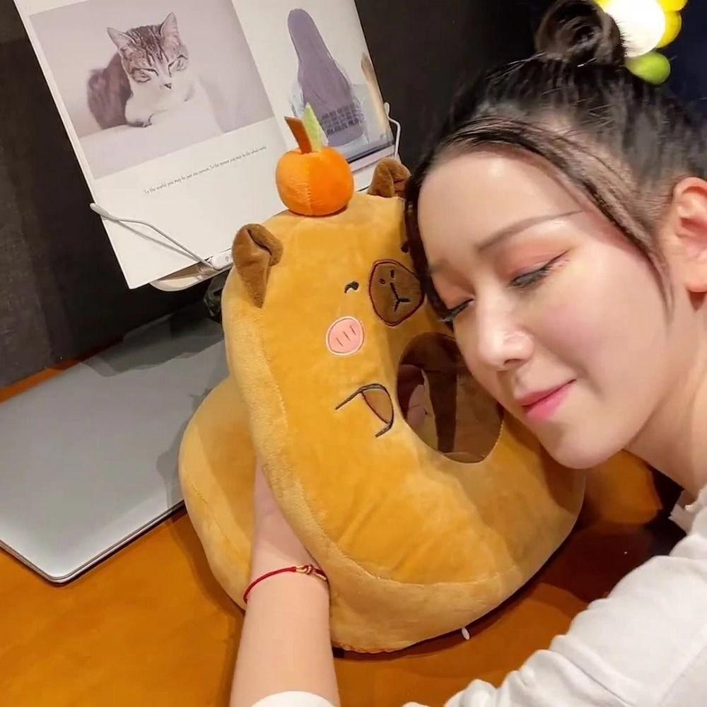 Double-sided Capybara Office Nap Pillow Plush&Ice Silk Capybara Neck Pillow  Men Women