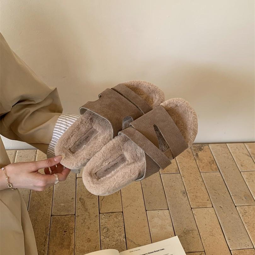 One-word open-toed round head platform slippers wear 2025 fashion casual sand hair shoes