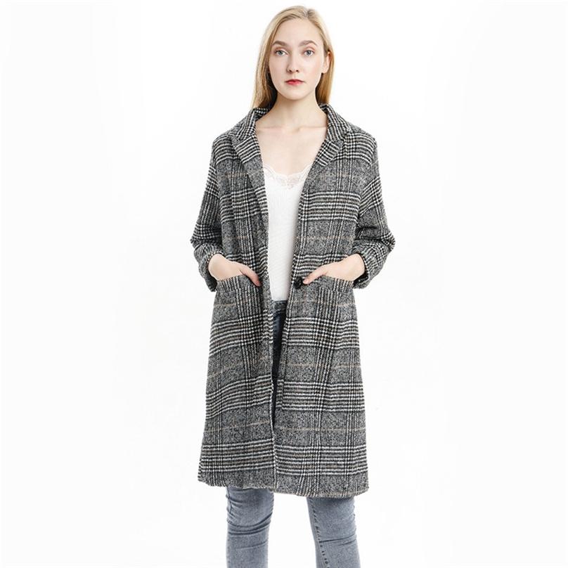 Autumn Korean Style Fashion Women's Plaid Woolen Jacket Slim Thin Long Thick Coat