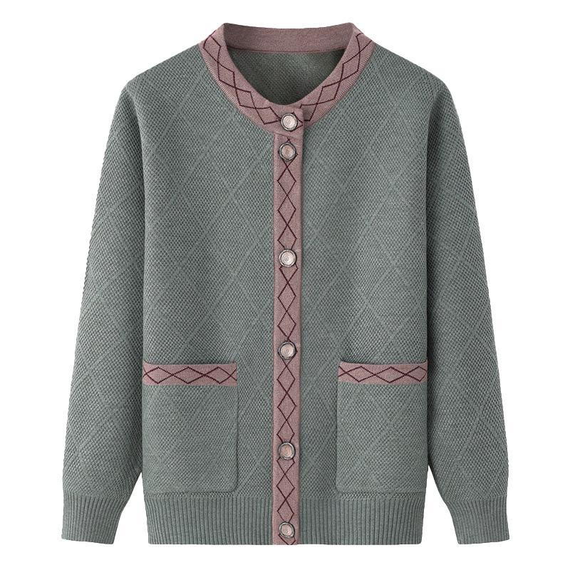 Women's Fleece-Lined Knitted Cardigan for Autumn/Winter - Ideal for Middle-Aged and Elderly.
