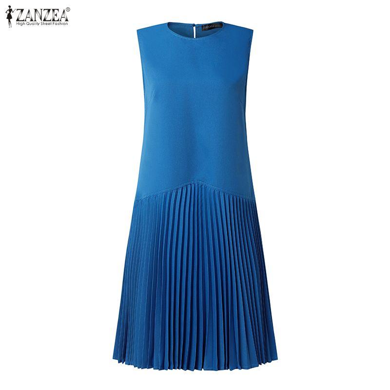 ZANZEA Women Casual Round Neck Summer Sleeveless Pleated Dress