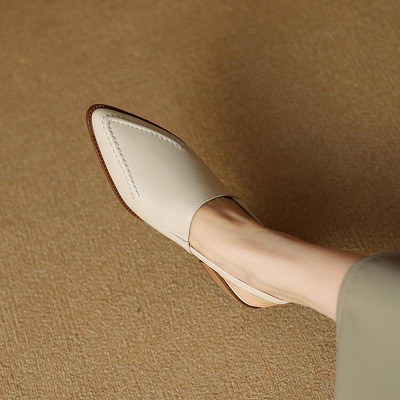 Fashion NEW Summer Women Sandals Genuine Leather Shoes for Women Pointed Toe Chunky Heel Shoes Simple Cover Toe Slingback Buckle Sandals