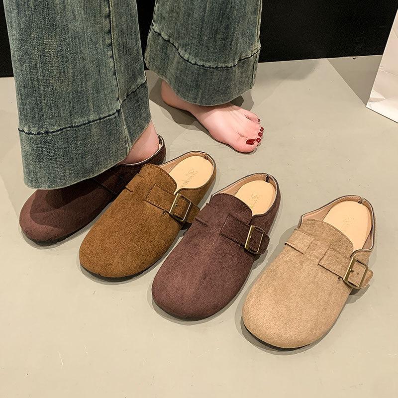 Fashion Lazy Shoes Versatile Flat Birkenstocks Women'S Autumn Retro French Baotou Half Slippers