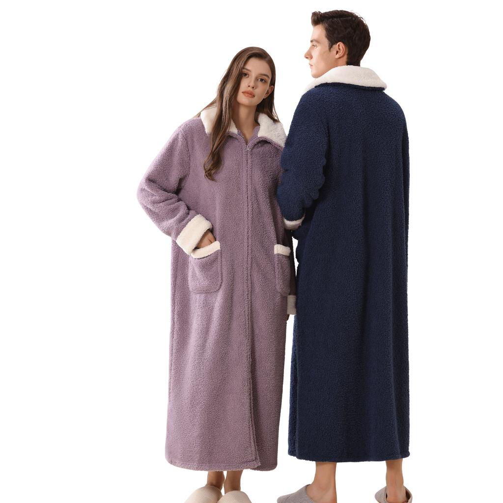 Men's Plush Bathrobe Zipper Up Long Housecoat Winter Warm SPA Fleece Duster Robe with Pocket Flannel Full Length Loose Fit Nightgown Sleepwear for Men