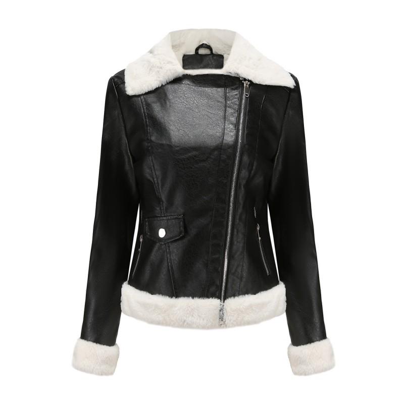 Womens Faux Leather Jacket With Fleece Lining Long Sleeve Turn-Down Collar Outerwear Winter Commute Casual