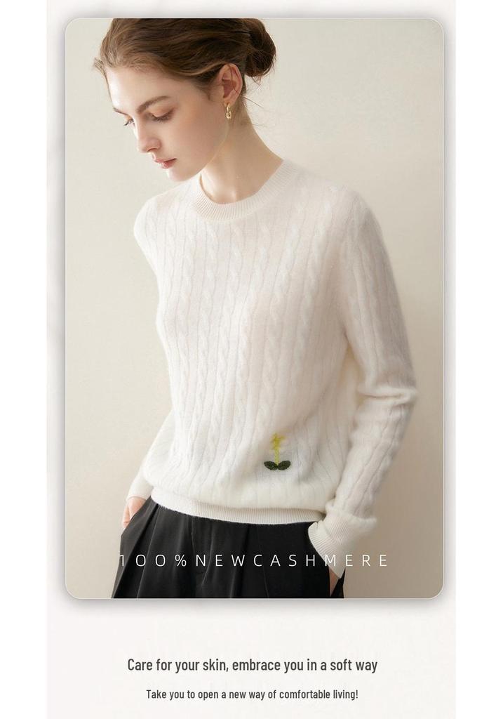 Women's 100% Pure Cashmere Round Neck Cable Knit Sweater for Autumn/Winter