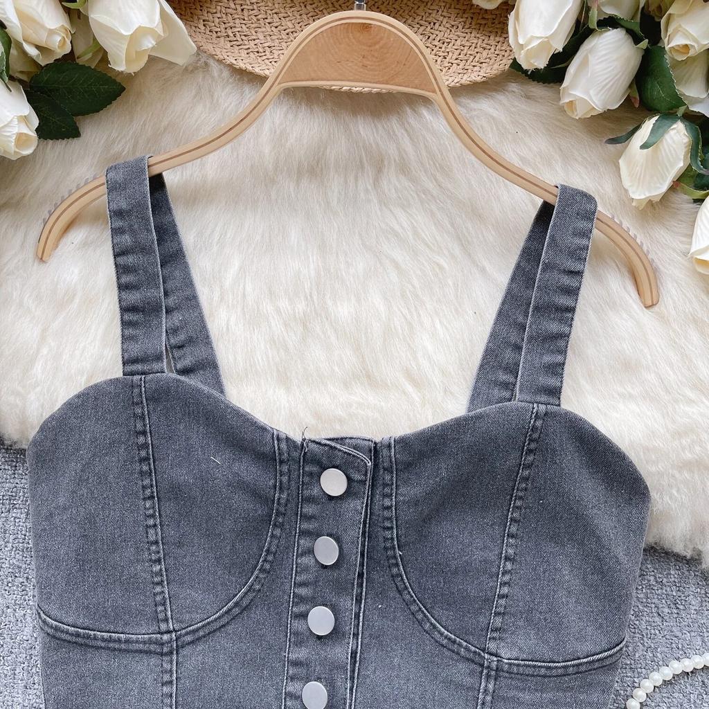 Hongkongský styl Retro Džínový top Dámský Design Jednořadé Slim fit Krátký Pupík Sexy Gyaru Sle Cami Móda