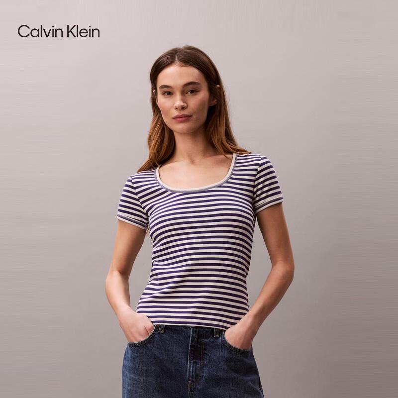 Calvin Klein Jeans Women s Ribbed U-Neck Embroidered Short Sleeve T-Shirt S