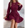 Casual Solid Color Twisted Waist Lantern Long Sleeve A Line Womens Sweater Dress