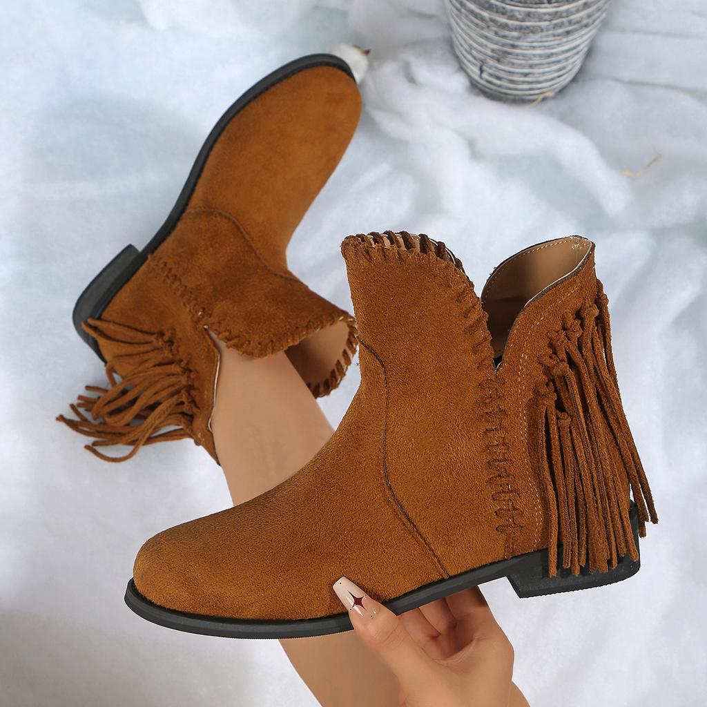 European station women's boots autumn and winter new large size spot Martin boots fringed suede round head sleeve Chelsea boots