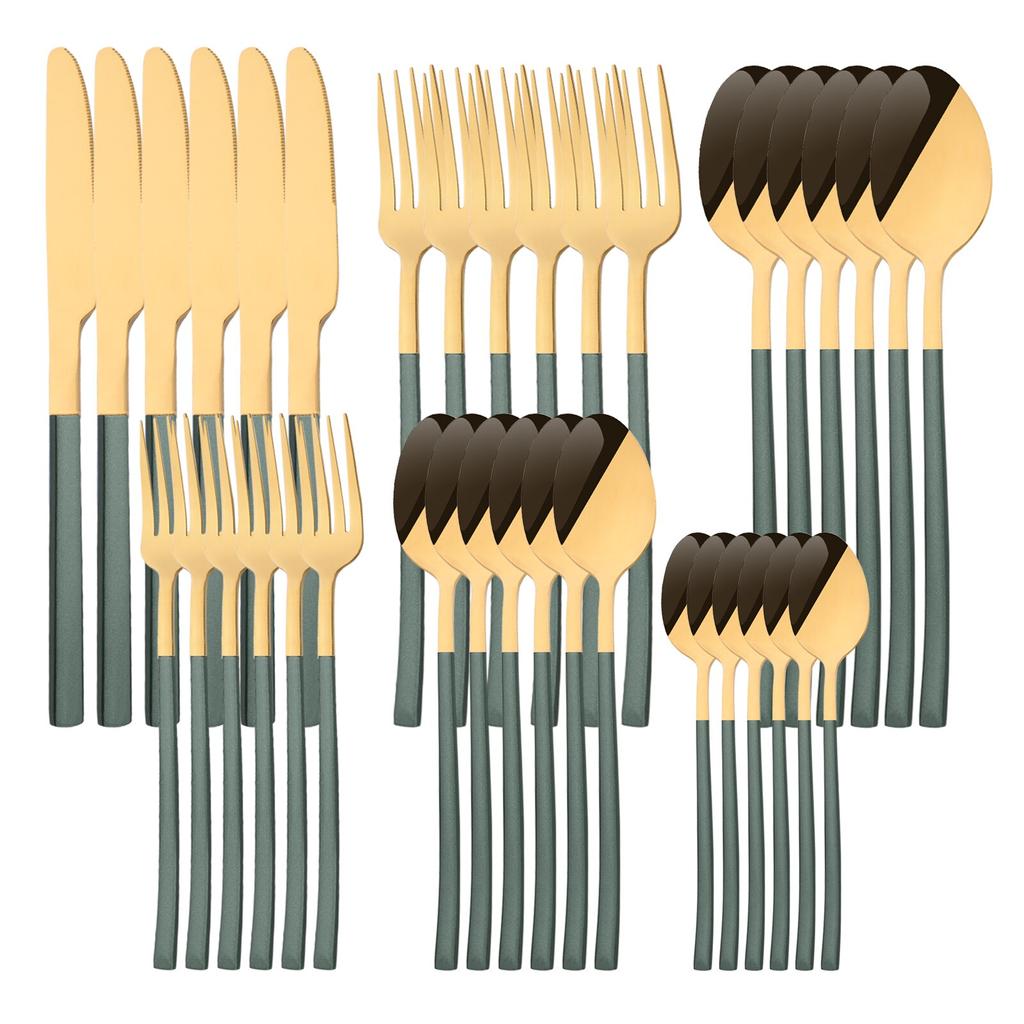 36Pcs/6Sets Mint Gold Cutlery Set Mirror Stainless Steel Flatware Knife Dessert Fork Tea Spoon Dinnerware Kitchen Restaurant Tableware