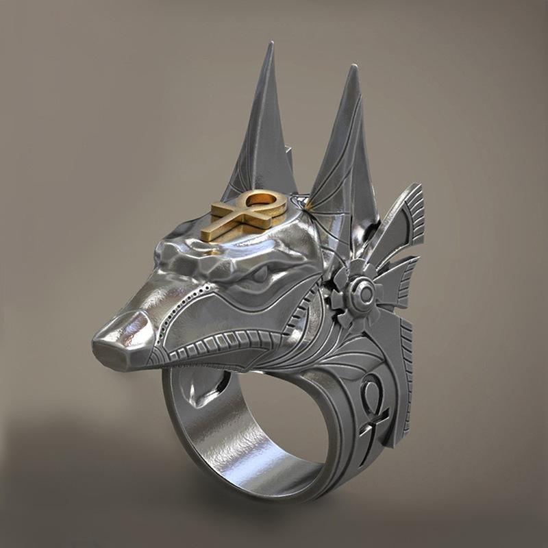 Męski Pierścionek Vintage Bóg Anubis Starożytny Egipski Pierścionek z Głową Jackala