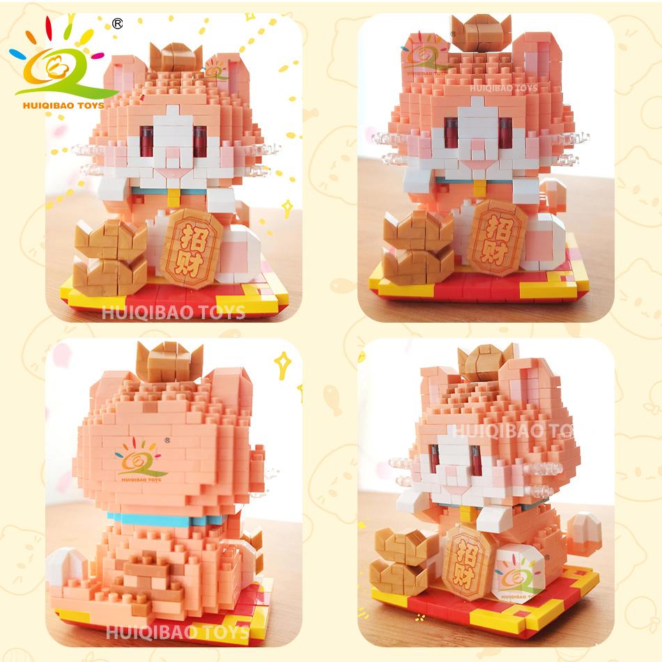 Huiqibao Cute Fortune Cat Micro Model Building Block Kids Mini Pets City Cartoon Animal Diamond Bricks Educational Toys Adult