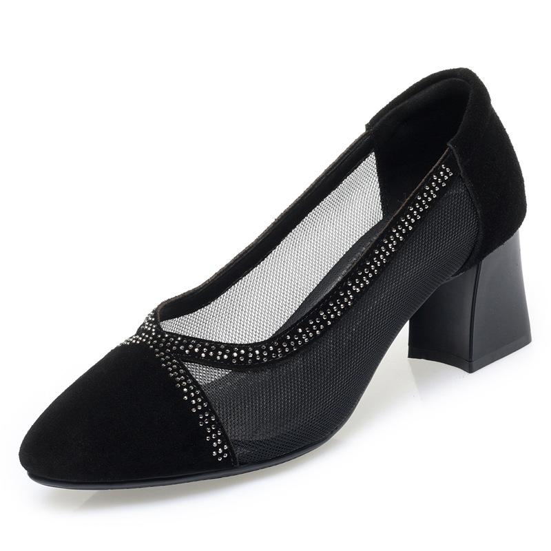 Rhinestone Mesh Women Shoes Classic 3.5/5.5cm High Quality Hollow Out Comfort Slip On Square Heel Shoes Lady Fashion Party Shoe