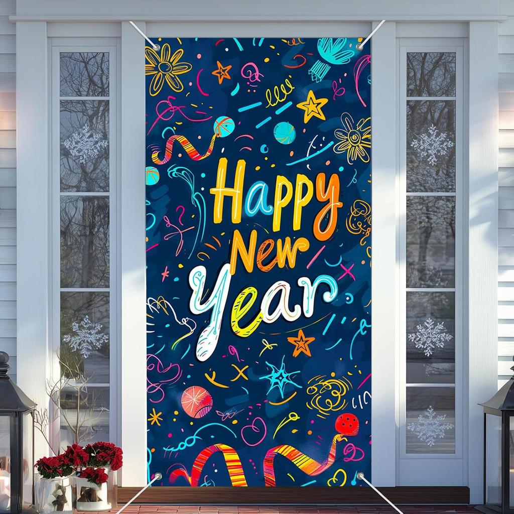 IVN 71x35 Inch Happy New Year 2026 Banner Door Cover New Years Eve Party Backdrop Black Gold Balloons Gift Box Polyester Fabric Front Door Porch
