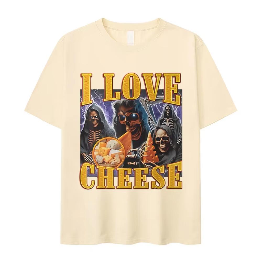 Ich liebe Käse Lustiges Skelett Meme Grafik T-Shirt Herren Vintage Übergroßes Kurzarm-T-Shirt Mode Baumwoll-T-Shirt