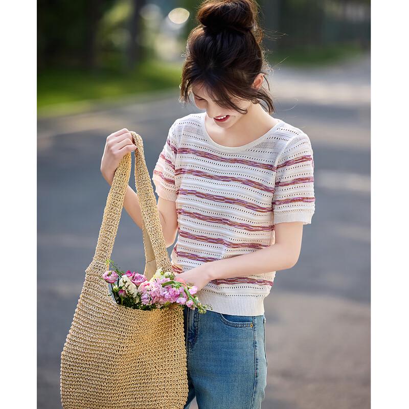 Women's Striped Hollow-Out Knit Short Sleeve T-Shirt