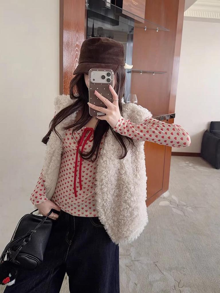 Korean Pink Heart Polka Dot Square Neck Long Sleeve Tee