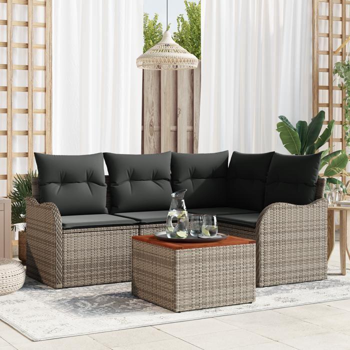 VidaXL Ensemble de Canapé de Jardin de 5 Pièces avec Coussins Gris, Rotin Synthétique et Acacia 3347447