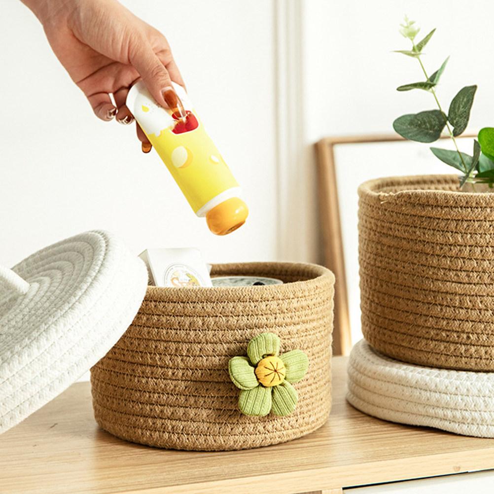 Lidded Large Cotton Rope Storage Basket Round Woven Organizer Multipurpose Suitable for Living Room Bedroom Sundries Storage