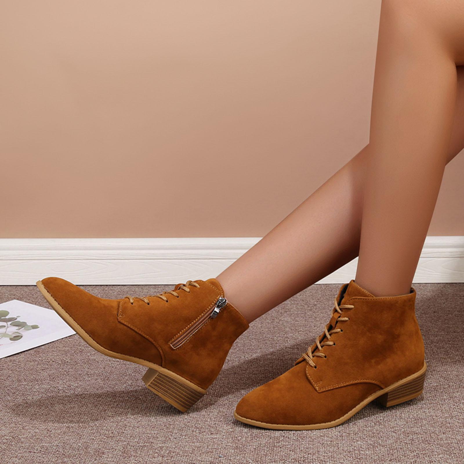 

Женские модные однотонные замшевые ботинки со шнуровкой спереди, короткие ботинки с молнией сбоку и толстым каблуком, толстые ботинки для женщин, ботильоны 36 коричневый