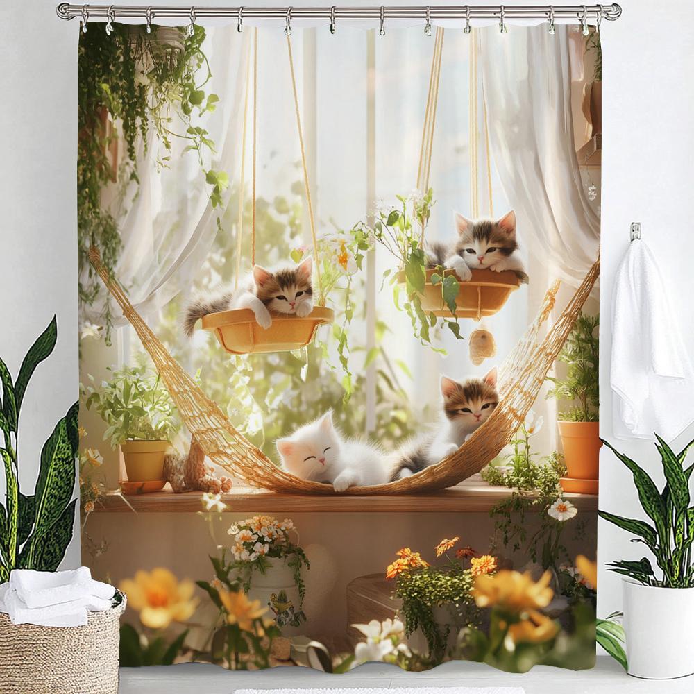 Lovely Cat shower curtain, Bathroom Cats in the Garden Flower Shower Curtain, Modern Decorative Fabric Shower Curtain with Hooks